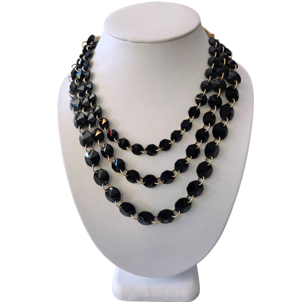 Triple Strand Faceted Black Glass Crystals Beaded Layered Necklace Gold Chain